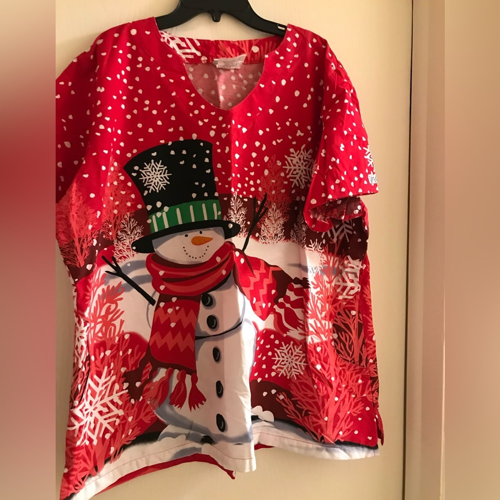 Festive Red Snowman scrub top